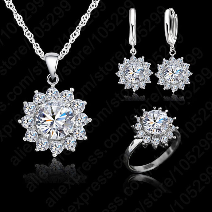12-Point Sunfire Sterling Silver Earrings Pendant Necklace Ring Jewelry Sets